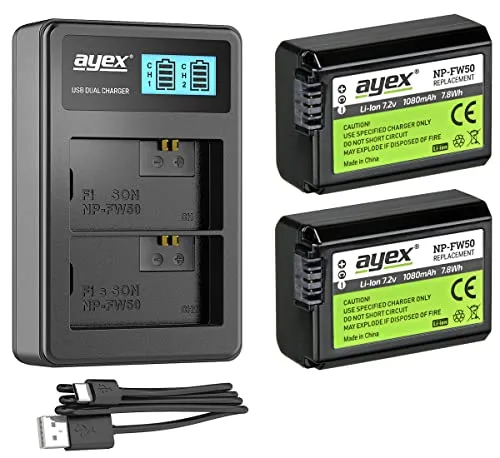 ayex Power Paket mit 2X NP-FW50 Akku für Sony - Kamera-Akkus mit Dual-Ladegerät für USB-Ladung, ideal für Sony Alpha A7, A6000 und NEX-Modelle. Inklusive LCD-Display zur Überwachung des Ladefortschritts.