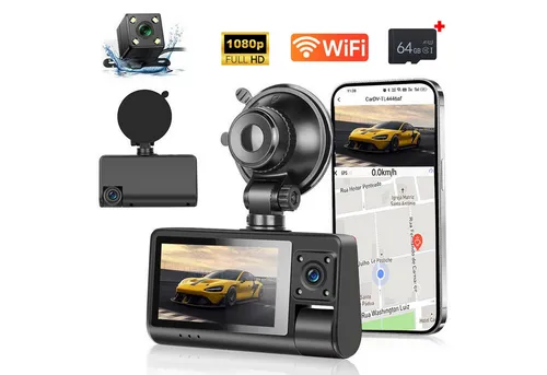 Hikity Dashcam Auto 3-Kanal DVR mit Rückfahrkamera - Dashcam mit 1080P Full HD, 150° Weitwinkel und Loop-Aufnahme. Ideal für sicheres Fahren und zuverlässige Beweissicherung.