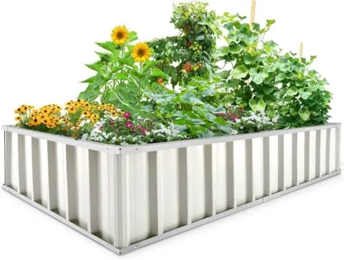 Produktbild KING BIRD Hochbeet Metall 174x90x30cm,Pflanzkübel Blumenkasten mit 8 T-Etiketten&Handschuhen,Pflanzkasten für Garten aus Verzinktem Stahl,Weiß