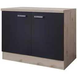Spülenunterschrank Anthrazit/Eiche - MILANO - Einbauküchen-Komponenten mit optimalem Platzangebot für Ihre Einbauspüle, elegantes Design mit 2 Drehtüren und Edelstahlgriffen.