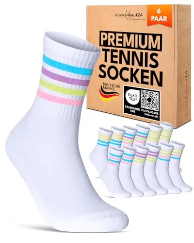 Paar Tennissocken Damen 35-38 Weiß Sportsocken Atmungsaktiv Damensocken Baumwolle Retro Crew Socken (Weiß bunte Ringel 35-38) 6