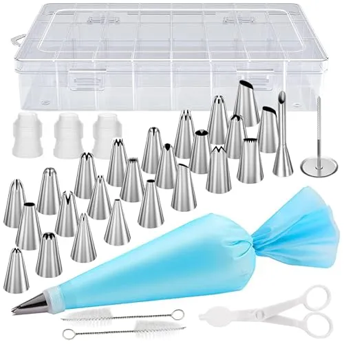 34Stück Premium Spritzbeutel Set,Spritzbeutel wiederverwendbar mit Tüllen,Spritztüllen set,Sahne spritzbeutel Mit tüllen aus Edelstahl zum Dekorieren von Torten,Backen von Gebäck(Blau)