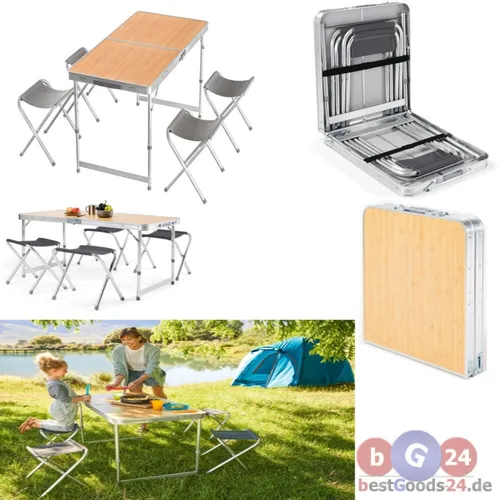 Campingtisch mit 4 Hockern Set Klappbar Campingmöbel Picknicktisch Aluminium NEU