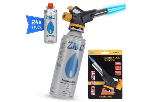 Z.M.C Gasbrenner 1,3kW mit 24 Gaskartuschen - Lötbrenner mit Piezozündung, ideal für vielseitige Anwendungen wie Löten, Kochen oder Grillanzünden, hohe Temperatur bis zu 1300°C für effizientes Arbeiten.