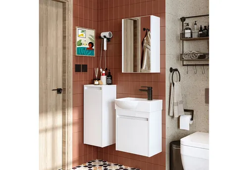 Roomart Badmöbel-Set LEO – Stilvolle Badezimmermöbel in Weiß und Eiche - Das Roomart Badmöbel-Set LEO vereint modernes Design und Funktionalität. Die pflegeleichten, langlebigen Materialien bieten eine optimale Lösung für stilvolle Badezimmer und Gäste-WCs.