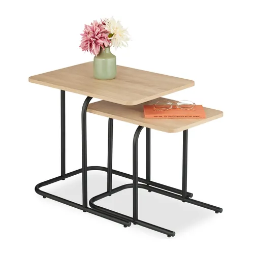 relaxdays Satztisch 2er Set Holzoptik & Metall, Hellbraun - Ablagetische im 2er Set aus Holzoptik und Metall, ideal für Wohnzimmer, Schlafzimmer oder Flur. Platzsparend stapelbar und vielseitig einsetzbar für Deko, Bücher und mehr.