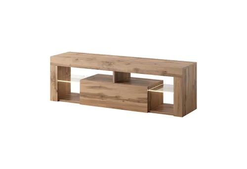 Selsey TV Schrank Board Sideboard Fernsehschrank 140 cm Eiche Lancelot Bianko - TV-Halterung für Geräte bis 55 Zoll, modernes Design mit Glasablagen und einfacher Kabelführung für eine stilvolle Multimedia-Ecke.