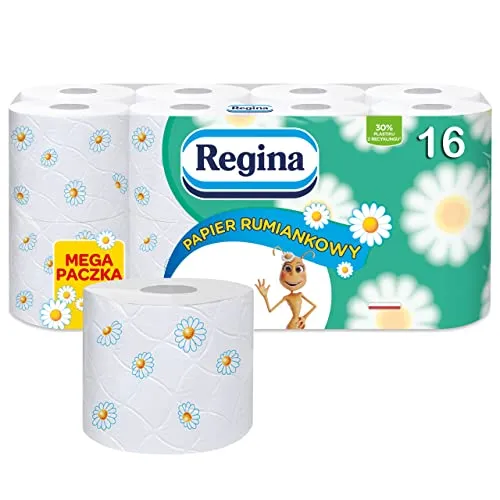 Regina Toilettenpapier mit Kamillenduft - 3-lagig und sanft zur Haut - Toilettenpapier mit Kamillenduft, 3-lagig und besonders weich, ideal für empfindliche Haut. Hergestellt aus 100% Zellulose und umweltfreundlicher Verpackung.