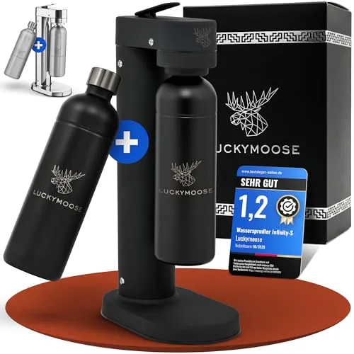 Luckymoose Infinity-S Wassersprudler aus Edelstahl – inkl. 2x1,25L Flaschen – kompakt und hygienisch - Kompakter Wassersprudler mit herausnehmbarer Sprudeldüse für einfache Reinigung. Inklusive zwei 1,25L Edelstahlflaschen, perfekt für plastikfreies Sprudelwasser. Stufenlose Sprudelkontrolle für individuellen Genuss!