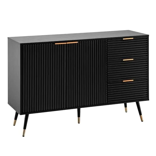 FineBuy Sideboard 120 cm Schwarz Eiche Dekor - Moderne Anrichte mit 3 Schubladen und Anti-Rutsch-Noppen, ideal für jeden Raum. Robuste Konstruktion aus Eisen und Spanplatte, bietet viel Stauraum.