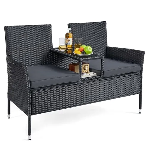 SONGMICS Gartenmöbel, Balkonmöbel aus PE-Polyrattan, Gartenbank, mit Tisch, Sofa, Terrassenmöbel, Outdoor, mit Kissen, für Terrasse, Garten, Balkon, schwarz-dunkelgrau GGF022B01