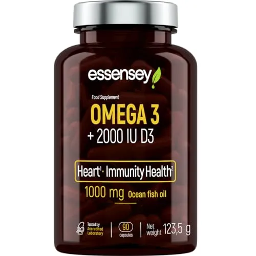 ESSENSEY - Omega 3 2000 UI I 1000mg Fischöl pro Kapsel I 90 Kapseln I Vitamin D3 I mit EPA und DHA (in Triglycerid-Form) I 90 Tagesdosen I Leicht zu schlucken I Laborgeprüft