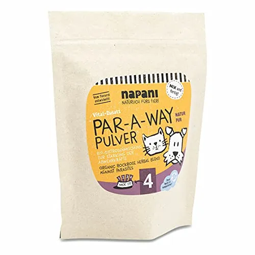 napani Par-A-Way Bio-Zistrosenmischung für Hunde & Katzen, Natürlicher Zeckenschutz für Hunde & Katzen, Bio Cistrosenkrautpulver, Bio Buchweizenkeimpulver & Bio Rosmarinpulver, 1 x 250g