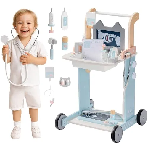 ROBUD Arztkoffer Kinder mit Medizinischer Wagen, Doktorkoffer Holz ab 3 Jahre, Tierarzt Spielzeug Rollenspiel Set mit Stethoskop, Spritze, Lernspielzeug für Mädchen Jungen (Höhenverstellbar)