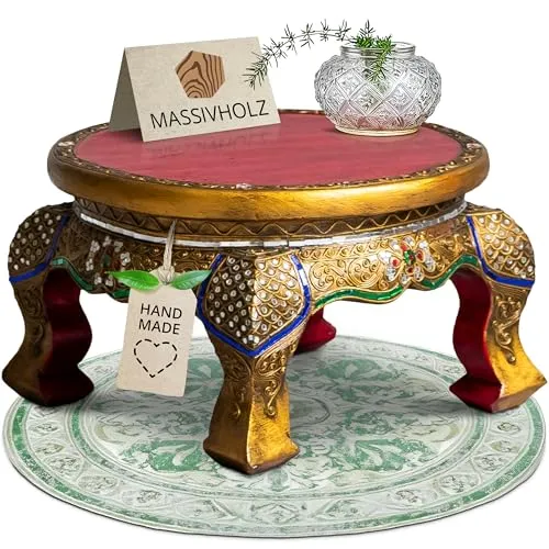 livasia Runder Opiumtisch aus Massivholz – Ø40cm, 23cm hoch - Handgeschnitzter Beistelltisch aus Thailand mit kunstvollen Glasmosaikdetails. Jeder Tisch ist ein einzigartiges Unikat, das durch seine filigrane Verarbeitung besticht. Ideal für stilvolles Wohnen.