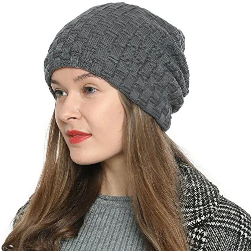 DonDon Mütze Damen Beanie Wintermütze Slouch Strickmütze mit warmen Fleece Innenfutter grau