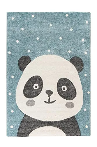 Qiyano Teppich für Kinderzimmer Spielmatte mit Tiermotiv Panda-Bär Bär Hase Pinguin Kinderteppich für Junge und Mädchen, Motiv: Panda, Farbe: Blau, Größe: 80 x 150 cm