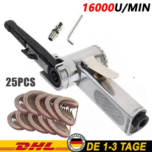 Druckluft-Bandschleifer 10MM mit 25 Schleifbändern - Schleifmaschinen für präzise Arbeiten, mit einer freien Geschwindigkeit von 16000rpm und umfangreichem Zubehör für vielseitige Anwendungen.
