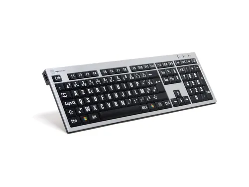 Logickeyboard XL-Print Alu White on Black FR (PC/Slim) - Tastaturen mit großem Druck für bessere Lesbarkeit, ideal für professionelle Anwendungen und kreative Arbeiten.