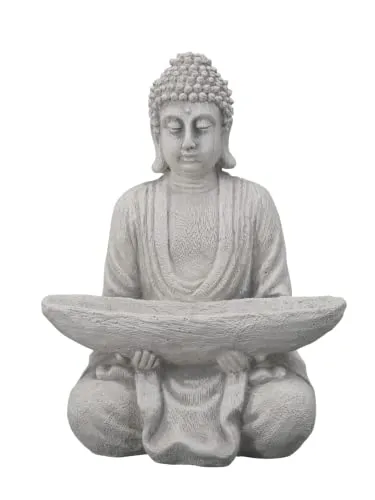 Gartenfigur Buddha mit Schale, H. 27 cm, 5 kg, Frostsicher in grau von gartendekoparadies