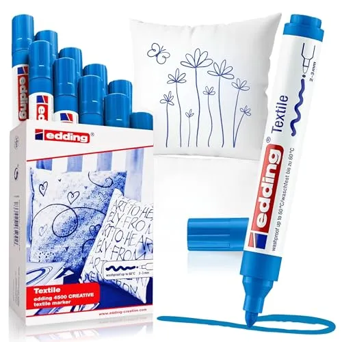 edding 4500 Textilmarker - hell-blau - 10 Stück - Rundspitze 2-3 mm - Textilmarker für kreative Designs auf hellen Textilien. Die 10 hell-blauen Stifte sind waschmaschinenfest bis 60 °C und ideal zum Ausmalen von T-Shirts, Kissen und mehr. Schnell trocknend und lichtecht für langlebige Ergebnisse.
