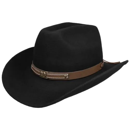 Lipodo Cowboyhut - Made in Italy, Schwarz, 60 cm - Eleganter Cowboyhut aus 100% Wollfilz mit 8.8 cm breiter Krempe und Stretchfutterband. Ideal für stilvolle Auftritte und besondere Anlässe.