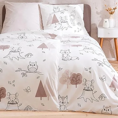 Hochwertige Kinderbettwäsche 135x200 REH, Fuchs, Eule - 100% Baumwolle - Bettwaren-Set für Kinder mit niedlichen Waldtieren, sorgt für eine fröhliche und beruhigende Atmosphäre. Aus 100% Baumwolle für langanhaltenden Komfort, waschbar bei 60°.