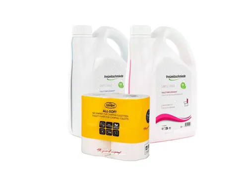 Freizeitschmiede Set Toiletten Zusatz Simple Blue + Rinse - Toiletten Set für Camping: Enthält 2L Simple Blue und 2L Simple Rinse, die unangenehme Gerüche verhindern und für frisches Spülwasser sorgen. Inklusive 4 Rollen All Soft Toilettenpapier für mühelose Entleerung.