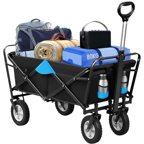 EUGAD Bollerwagen faltbar klappbar Transportkarre Handwagen mit 4 Rollen für Camping Einkaufen belastbar bis 80kg, Anthrazit und Türkis