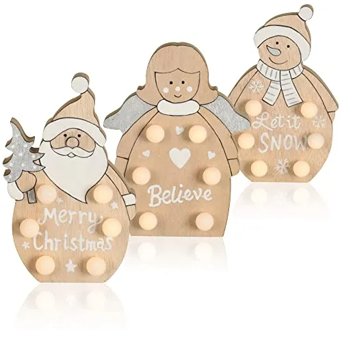 com-four® 3X LED Weihnachtsfigur als dekorative Beleuchtung - Holzfigur als Weihnachtsdekoration - Deko aus Holz mit Licht - Holzdekoration zu Weihnachten [Auswahl variiert] (15cm - Figuren mit LEDs)