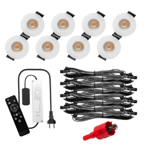 S-Polytec PREMIUM Mini LED- Einbauspots Warmweiss 3.000K, DIMMBAR, IP65, FUNK 3W Einbaustrahler Terrassenüberdachung, Bad, Sauna mit Fernbedienung (WEISS, 8x LED-SET)