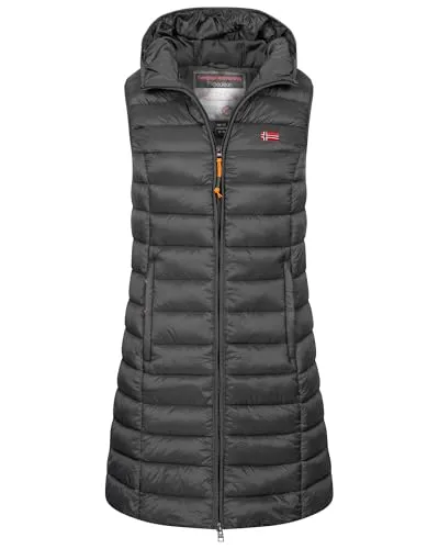 Geographical Norway Damen Steppweste mit Kapuze - Funktionsjacke für Herbst und Winter, nachhaltig und robuster Windbreaker mit zwei seitlichen Reißverschlusstaschen und coolem Design.