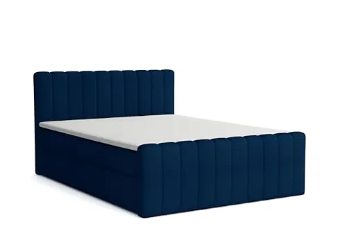 Boxspringbett mit Bettkasten ASTI 180 x 200 cm, Polsterbett mit Bonellmatratze Topper Doppelbett mit Stauraum gepolstertes Kopfteil, Doppelbett Schlafzimmer Härtegrad H3, Trinity 30 - dunkelblau