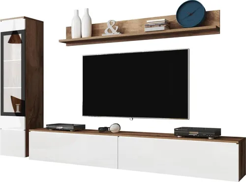 MIRJAN24 Wohnwand Vera I - Stilvolles Wohnzimmer-Set mit Beleuchtung - Moderne Wohnwand in Wotan/Weiß Hochglanz, ideal für stilvolle Wohnzimmergestaltung. Universell einsetzbar, sowohl zum Aufstellen als auch Aufhängen.