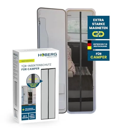 Hoberg Insektenschutzvorhang für Campingwagen 60 x 195 cm | Fliegengitter Tür mit XXL-Magnetbändern | Insektenschutz Tür für Wohnwagen | Magnet Moskitonetz | selbstschließend
