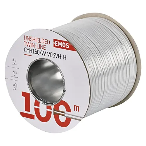 EMOS S8291 Kupferkabel 2 x 1,5 mm2, 100 Meter Zweidrahtleitung aus reinem Kupfer für Niederspannung, weiß mit Polaritätskennzeichnung