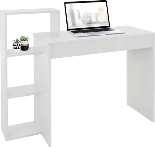 ML-DESIGN Schreibtisch Arbeitstisch mit Regal 2in1 System - Schreibtisch mit 3 Einlegeböden, ideal für Homeoffice und kleine Räume; platzsparend und funktional in modernem Weiß.
