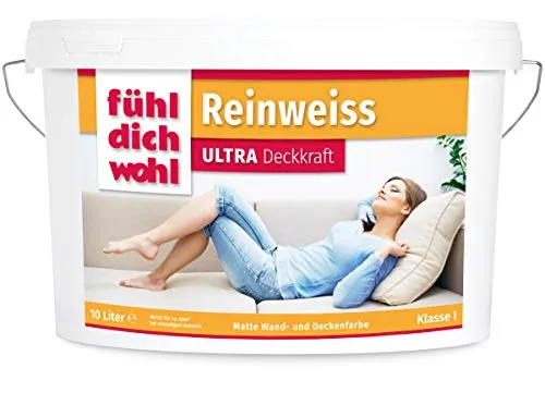 derendo FühlDichWohl Reinweiss Ultra – sehr hohe Deckkraft-Klasse 1 10l Wandfarbe weiß matt - Innenfarbe/Wohnraumfarbe für höchste Ansprüche
