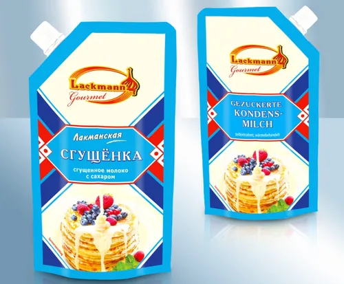 Gezuckerte Kondensmilch 5,1% Lackmann Doy-Pack 250g Sguschtschonka Süßigkeiten