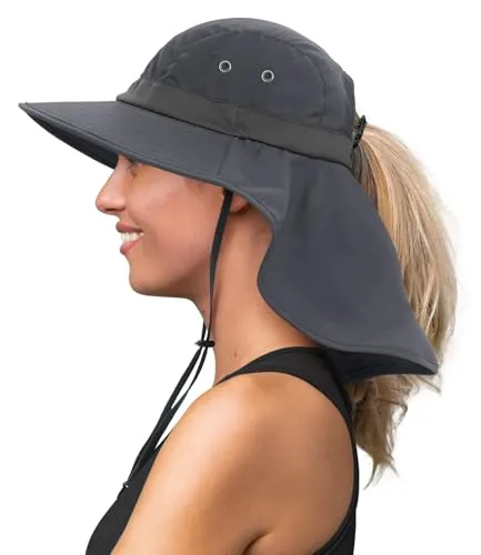 Creekstone Sonnenhut mit Nackenschutz Pferdeschwanz Loch, Breiter Krempe, UV-Schutz, Faltbar Wasserdicht Wanderhut Fischerhut, Damen und Herren (DE/NL/SE/PL, Alphanumerisch, Einheitsgröße, Dunkelgrau)