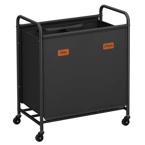 SONGMICS Wäschekorb mit Rollen, Wäschesammler 2 Fächer, 140 L Wäschesortierer, beweglicher Wäschewagen, 5 Etiketten, für Waschküche, Schlafzimmer, Badezimmer, tintenschwarz RLS210B01