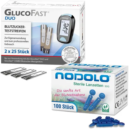 Glucofast Duo Blutzucker-Teststreifen & Nodolo Lanzetten - Kombiset - Blutzuckerteststreifen mit präzisen Ergebnissen in 5 Sekunden und integrierten Nodolo Lanzetten für sanfte Blutentnahme. Ideal für die einfache Überwachung Ihrer Gesundheit.