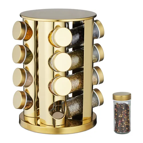 Gewürzkarussell 4 Ebenen - Drehbares Gewürzregal - Gewürzregal mit 4 Etagen und 16 Gläsern, bietet eine drehbare Basis für einfachen Zugriff. Ideal für die Küche, aus robustem Edelstahl und in elegantem Gold.