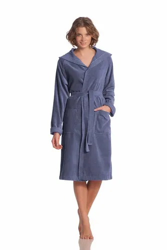Vossen Unisex-Bademantel Texas - Bademantel in Kurzform aus weichem Webvelours, ideal für Sauna & Spa. Mit Kapuze und Gürtel, für Damen & Herren in blau, Größe XS (109 cm). Pflegeleicht bei 60°C.