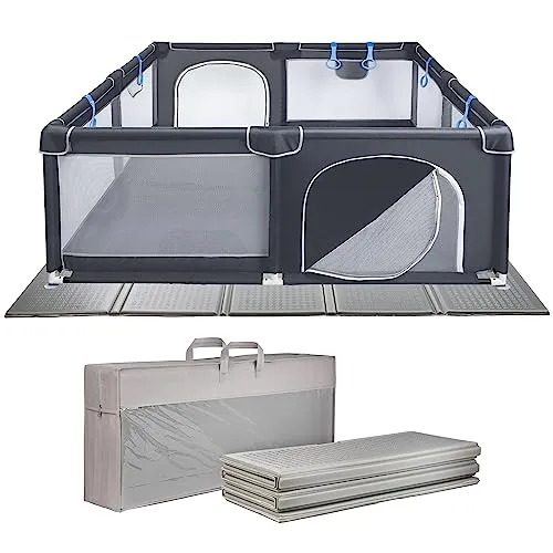 ONVAYA® Laufgitter mit faltbarer Spielmatte 160 x 160 cm - Tür- & Treppengitter für Babys, sicher und schadstofffrei mit atmungsaktivem Netz und stabiler Konstruktion aus Oxford-Gewebe und Edelstahl-Rohren. Inklusive rutschfester, faltbarer Spielmatte für einen weichen Untergrund.