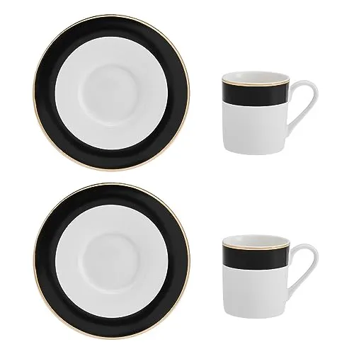 MIKASA Luxe Deco Porzellan Espressotasse und Untertasse Set, 2x Espressotassen und Untertassen mit Streifenmuster, 100ml Kaffeetassen - Geschenkkarton und spülmaschinenfest