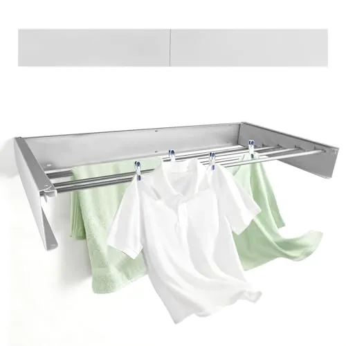 VELLUSTRA Wäscheständer Wandmontage Platzsparend, Faltbarer Unsichtbarer Wäschetrockner, Wandwäschetrockner, Wandtrockner für Drinnen oder Draußen für Badezimmer, Balkon, Terasse (80cm, Weiß)