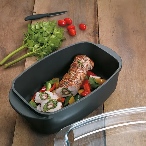 Kela Bräter Kerros 40cm mit Glasdeckel - Gartöpfe & Bräter, ofenfester Aluguss-Bräter mit 4,5L Kapazität und antihaftbeschichteter Oberfläche für müheloses Kochen und Reinigen.