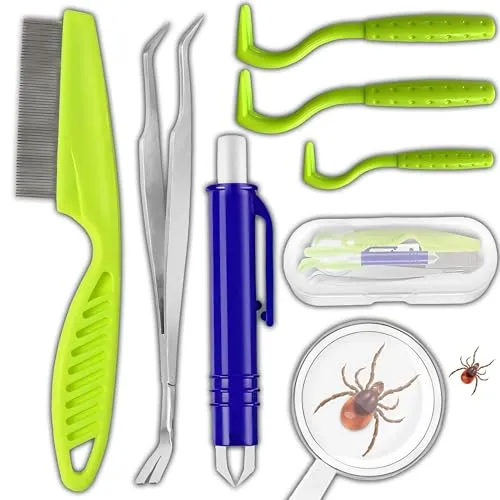 Retoo Zeckenentfernungsset für Hund Katze, 7er Set, Zange Pinzette Haken Hebel Lupe und Kamm enthält, für Haustiere, Großtiere und Menschen, sichere Zeckenentfernung, Praktischer Etui