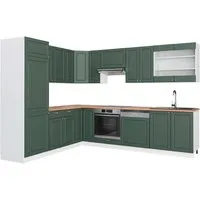 Vicco Winkelküche Fame-Line, Grün-Gold Landhaus/Weiß - Küchenzeile im L-Design mit hochwertigen MDF-Fronten und Soft-Close-Scharniere für leises Schließen. Individuell gestaltbar und ideal für den Lebensmittelpunkt in Ihrem Zuhause.